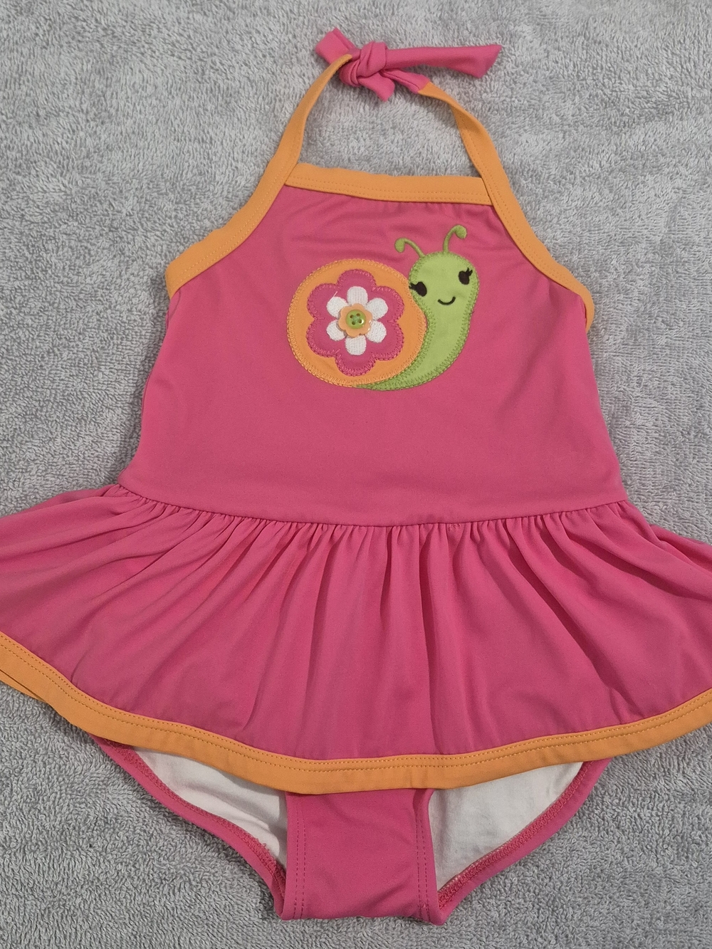 Gymboree Pink and Orange One-Piece Swim Dress with Green Snail Applique